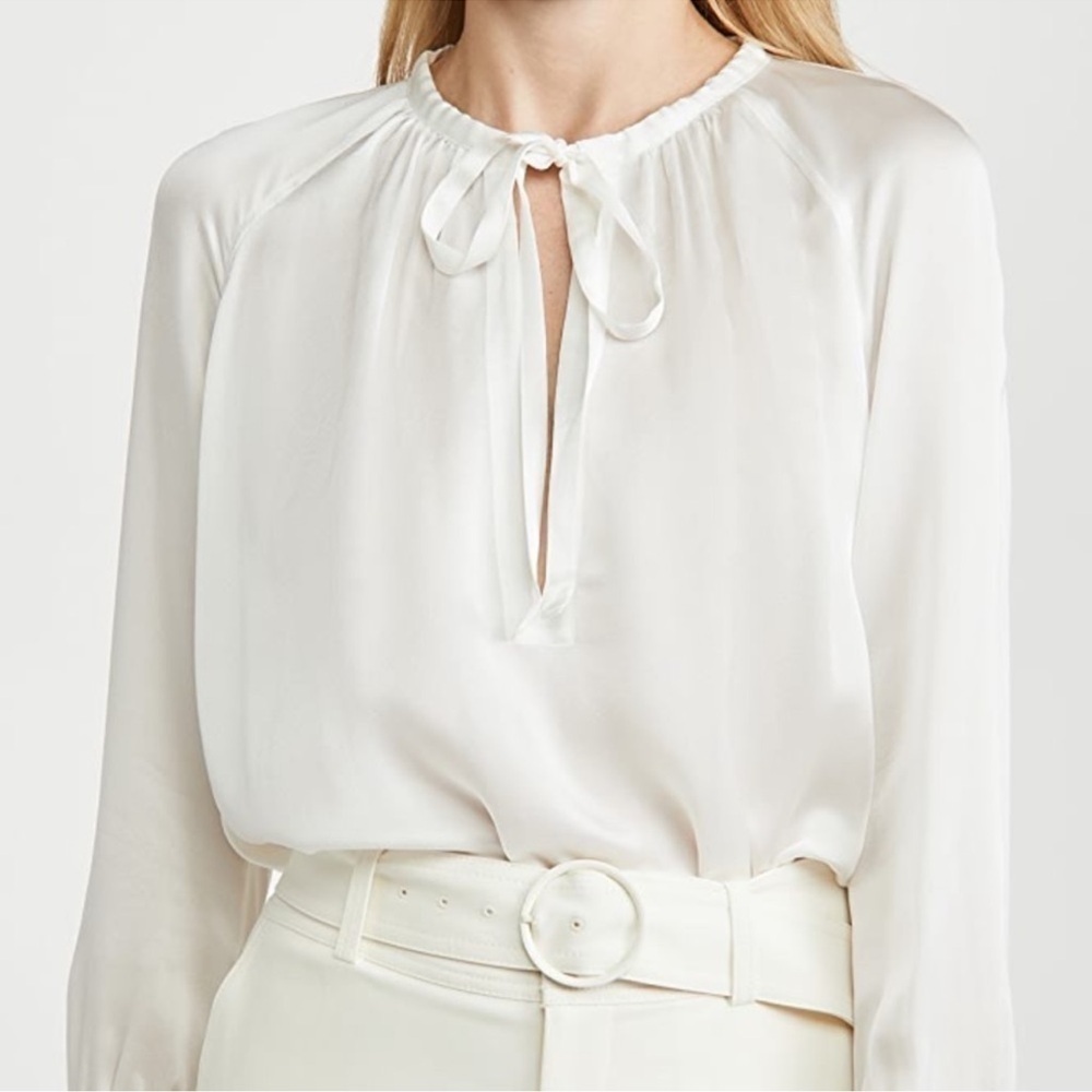 Club Monaco Shirred Tie Detail Blouson Top White Silk sz small - Picture 3 of 14